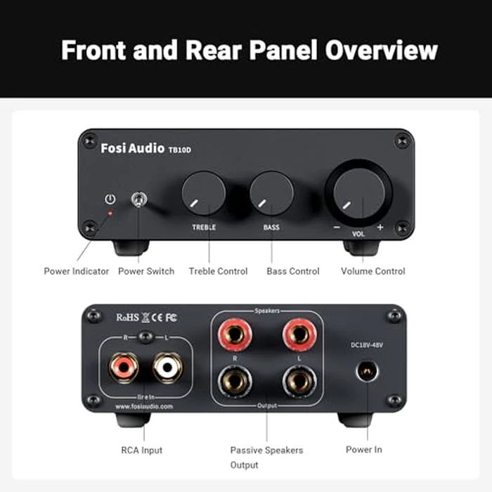 Fosi Audio TB10D 2 Channel Stereo Amplifier, Class D Mini Power Integrated Amplifiers 600W for Passive Speakers/Bass Shaker, Home Audio Component Desktop Amp Receiver TPA3255 with Bass Treble Control by Fosi Audio - Image 4