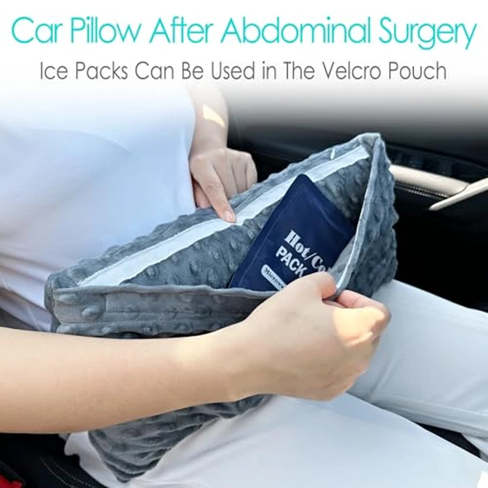 D. Cozy Hysterectomy Pillow Post Surgery Hysterectomy Recovery Must Haves Gifts Seatbelt Pillows with Pocket for Hot Cold Pack, After Surgery Abdominal Tummy Tuck Car Pillow Minky Dot Dark Gray by D. Cozy - Image 3