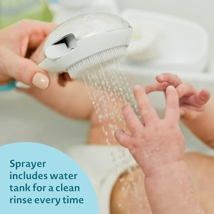 The First Years Rain Shower Baby Spa Bathtub Set - Includes Infant Sling, Soothing Spray Shower Head, Fresh Water Tank and Built-in Soft Brush - 3-in-1 Newborn to Toddler Design -Baby Bath Essentials by The First Years - Image 4