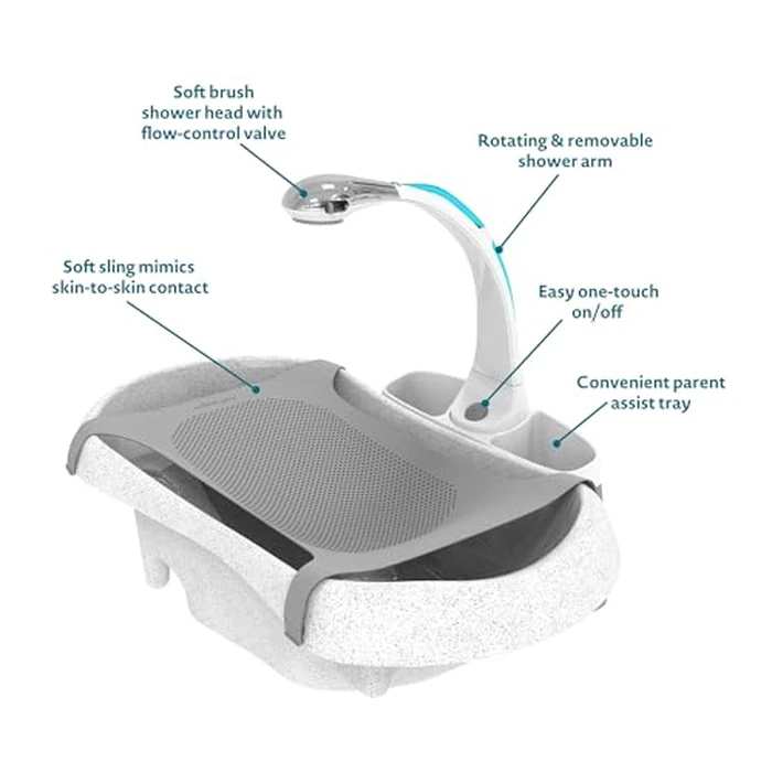 The First Years Rain Shower Baby Spa Bathtub Set - Includes Infant Sling, Soothing Spray Shower Head, Fresh Water Tank and Built-in Soft Brush - 3-in-1 Newborn to Toddler Design -Baby Bath Essentials by The First Years - Image 9