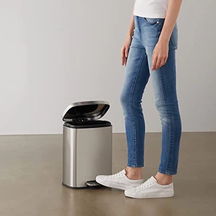 Amazon Basics Smudge Resistant Small Rectangular Trash Can With Soft-Close Foot Pedal, for Bathroom/ Living room, Brushed Stainless Steel,12L/3.1 Gal, Satin Nickel Finish, 28.7cm Lx 25.1cm W x38.4cm H by Amazon Basics - Image 1