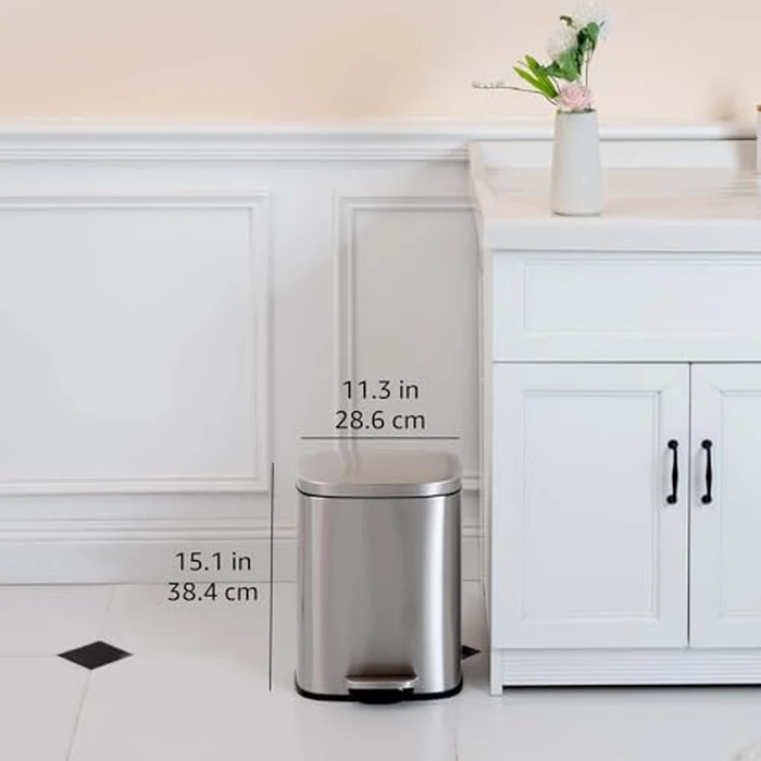 Amazon Basics Smudge Resistant Small Rectangular Trash Can With Soft-Close Foot Pedal, for Bathroom/ Living room, Brushed Stainless Steel,12L/3.1 Gal, Satin Nickel Finish, 28.7cm Lx 25.1cm W x38.4cm H by Amazon Basics - Image 2