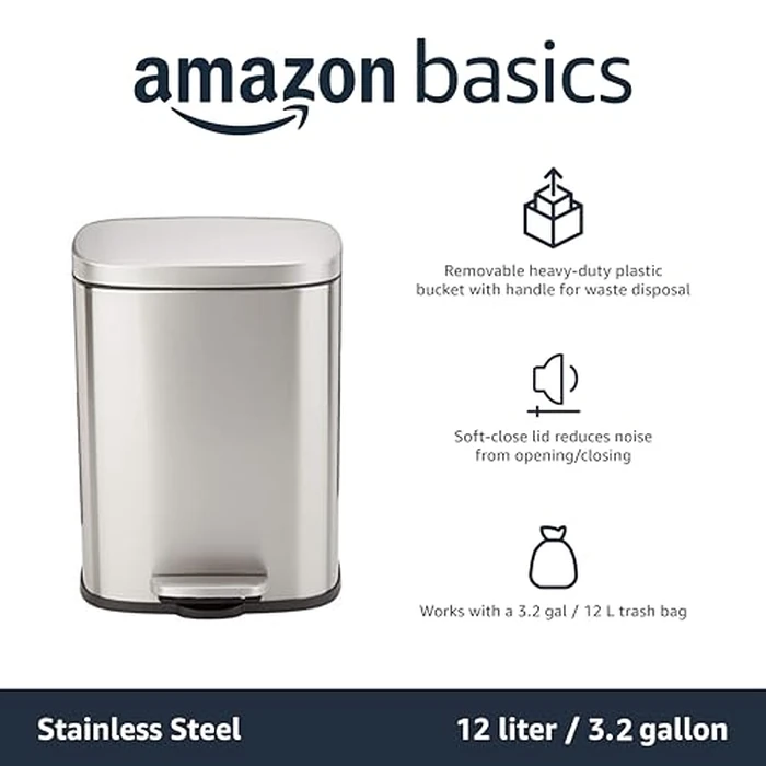 Amazon Basics Smudge Resistant Small Rectangular Trash Can With Soft-Close Foot Pedal, for Bathroom/ Living room, Brushed Stainless Steel,12L/3.1 Gal, Satin Nickel Finish, 28.7cm Lx 25.1cm W x38.4cm H by Amazon Basics - Image 4