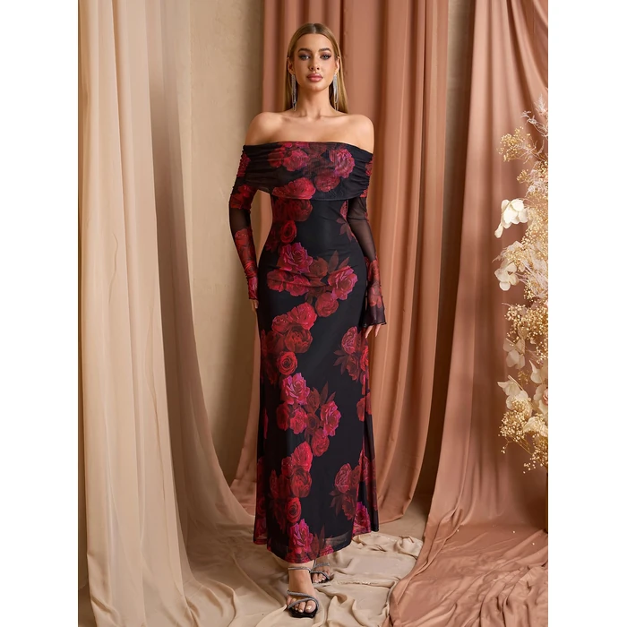 KUTUMAI Women Off Shoulder Bodycon Maxi Dress Long Sleeve Mesh Ruched Party Formal Wedding Guest Dresses BlackRed S by KUTUMAI - Image 2