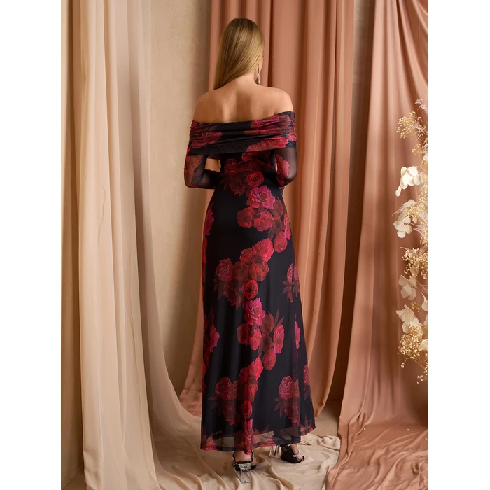 KUTUMAI Women Off Shoulder Bodycon Maxi Dress Long Sleeve Mesh Ruched Party Formal Wedding Guest Dresses BlackRed S by KUTUMAI - Image 3