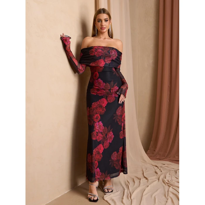 KUTUMAI Women Off Shoulder Bodycon Maxi Dress Long Sleeve Mesh Ruched Party Formal Wedding Guest Dresses BlackRed S by KUTUMAI - Image 4