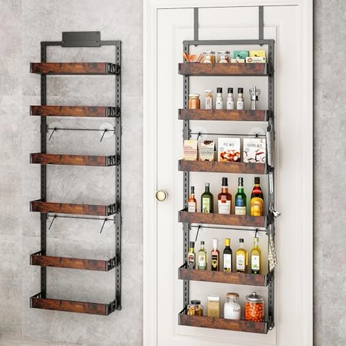 BUKFEN 6-Tier Over the Door Pantry Organizer, 2-in-1 Door Hanging or Wall Mounted Spice Rack, Heavy Duty Metal Storage Shelves with Adjustable Wooden Baskets for Kitchen Bathroom Closet by BUKFEN - Used - Very Good condition