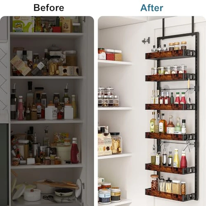 BUKFEN 6-Tier Over the Door Pantry Organizer, 2-in-1 Door Hanging or Wall Mounted Spice Rack, Heavy Duty Metal Storage Shelves with Adjustable Wooden Baskets for Kitchen Bathroom Closet by BUKFEN - Image 6