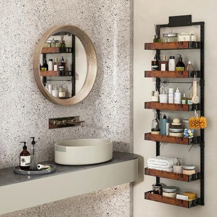 BUKFEN 6-Tier Over the Door Pantry Organizer, 2-in-1 Door Hanging or Wall Mounted Spice Rack, Heavy Duty Metal Storage Shelves with Adjustable Wooden Baskets for Kitchen Bathroom Closet by BUKFEN - Image 8