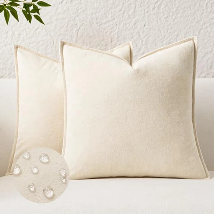 Kevin Textile Waterproof Decorative Pillow Covers Cream White 18x18 Inch Pack of 2 Soft Boucle Textured Throw Pillowcases Elegant Accent Pillows for Couch Sofa Chair Bed Home Decor Indoor Outdoor by K KEVIN TEXTILE - Used - Like New condition
