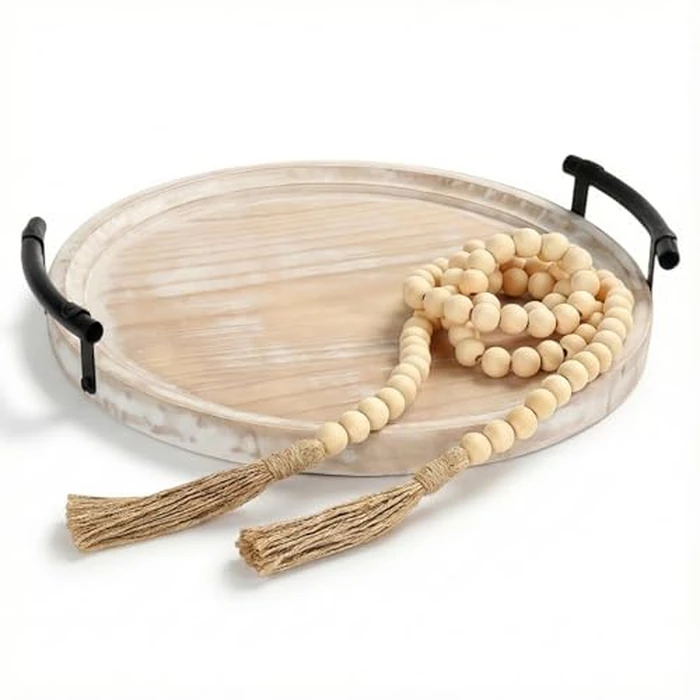 13" Round Decorative Wood Tray with Handles, Whitewashed Farmhouse Coffee Table Decor for Living Room, Entryway & Kitchen Island, Includes Bead Garland, Giftable Home Decor by Relaxing Garden - Used - Like New condition - US$28.49