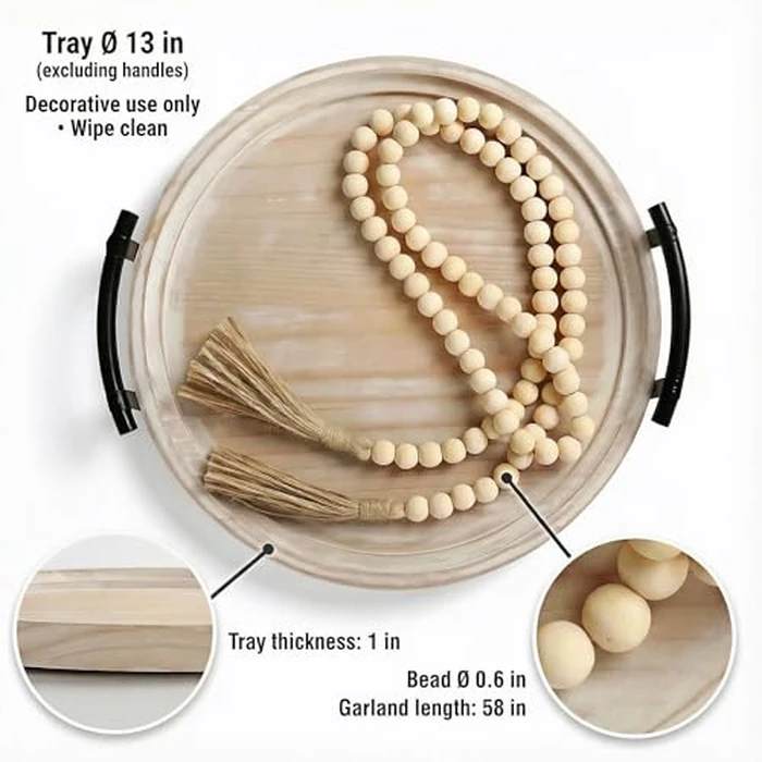 13" Round Decorative Wood Tray with Handles, Whitewashed Farmhouse Coffee Table Decor for Living Room, Entryway & Kitchen Island, Includes Bead Garland, Giftable Home Decor by Relaxing Garden - Image 2