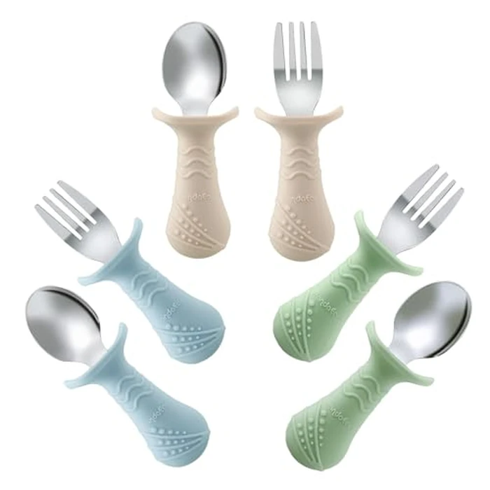 PandaEar Baby Toddler Fork and Spoon Utensil Set, 6 Pack Silicone Stainless Steel Silverware Spoon Fork for Babies Toddler, BPA Free with Silicone Holding Anti-Choke Design (Green Blue Brown) by PandaEar - Used - Like New condition - US$7.00