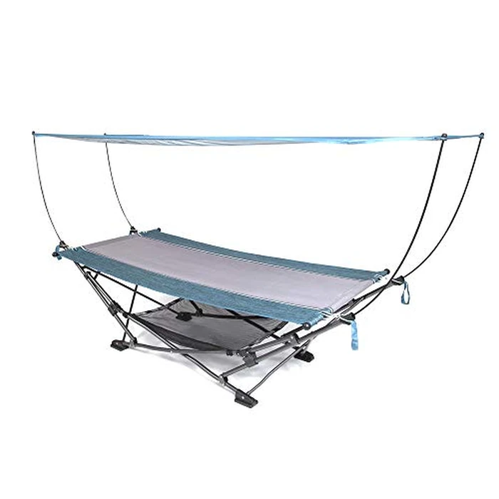MacSports Collapsible Portable Folding Hammock with Removable Canopy - Includes Pillow and Mesh Storage Net, Freestanding, Heavy Duty, Outdoor Hammock (Teal) by MacSports - Used - Like New condition
