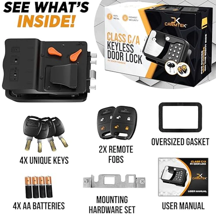 TripDefender V2.0 | RV Keyless Entry Lock for Class C/A Motorhomes | Secure RV Door Lock Keyless Entry w/ 2 Inside Latches | Class C Door Lock Replacement w/ 2 Fobs, 4 Keys | Fit 3.5" x 4.5" Lock Hole by CARMTEK - Image 4