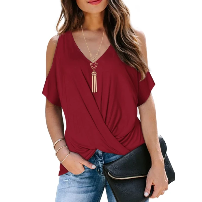 Womens Summer Burgundy Red Cold Off The Shoulder Tops Sexy Casual Cute Short Sleeve V Neck T Shirts Front Twist Knot Ruched Blouse Party Club Date Night 2026 Trendy Fashion Clothes XL by LEIYEE - Image 1