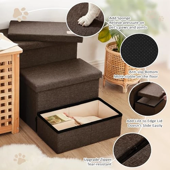 Love's cabin Dog Stairs for High Bed 18" H, Foldable Pet Stairs for Small Medium or Large Dogs Puppy with Storage for Bed or Couch, Cat Dog Steps Ramp with Zip up to 200 lbs, Coffee, 3 Steps by Love's cabin - Image 4
