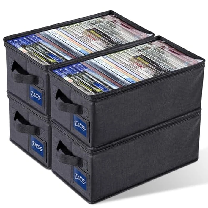 CCidea 4 Pack DVD Storage Box with Clear Window, DVD Case Organizer with Zipper Closure, Foldable Stackable Media Storage for DVDs, Blu-ray, Video Games - Holds 27+ Standard Cases 15.75" x 8.1" x 6.3" by CCidea - Image 1