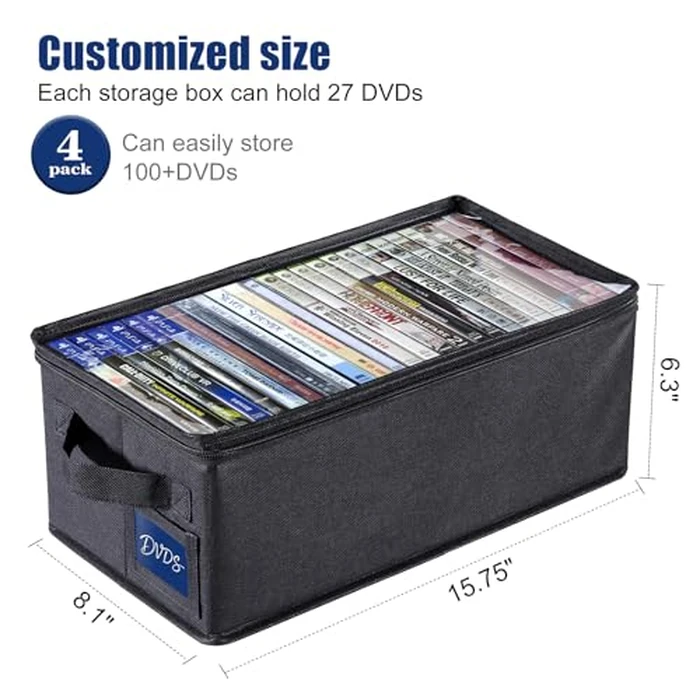 CCidea 4 Pack DVD Storage Box with Clear Window, DVD Case Organizer with Zipper Closure, Foldable Stackable Media Storage for DVDs, Blu-ray, Video Games - Holds 27+ Standard Cases 15.75" x 8.1" x 6.3" by CCidea - Image 6
