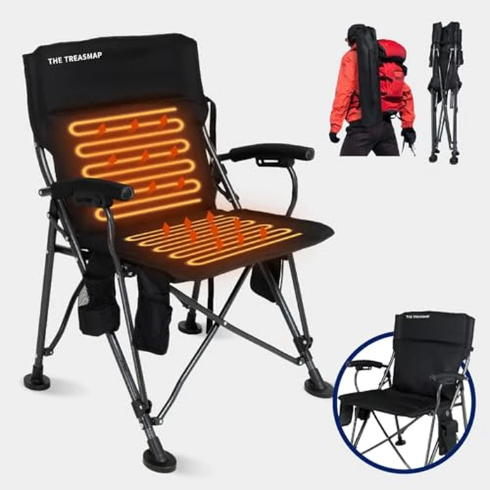 Heated Camping Chairs Adults Folding: Oversized Foldable Outdoor Chair for Outsides with Cup Holder - Heavy Duty Heating Portable Chair Sports Fishing Soccer Lawn Battery NOT Included (Black, X Large) by The Treasmap - Image 1