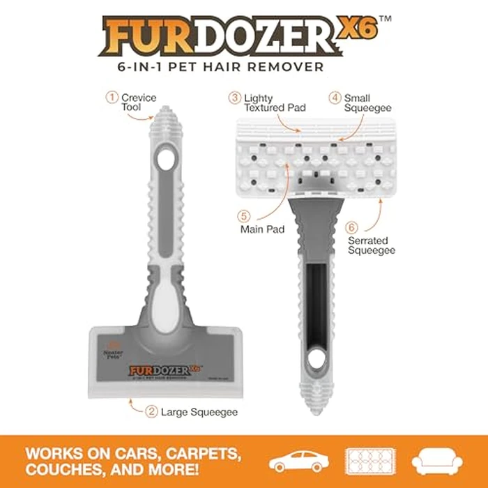 FurDozer Pet Hair Remover & Auto Detailing Tools - Cat & Dog Hair Remover for Carpets, Car Interiors, Couches, Bedding, & Pet Furniture (Gray, (2 Pack) - X6) by Neater Pet Brands - Image 2