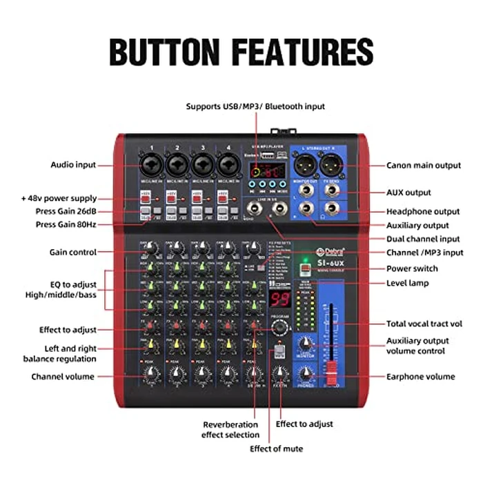High sound quality! D Debra Audio Pro Portable Recording Mixer Audio With USB 99 DSP Digital Effects For DJ Mixer Console Karaoke Recording Studio (SI-6UX (6 Channel)) by D Debra - Image 3