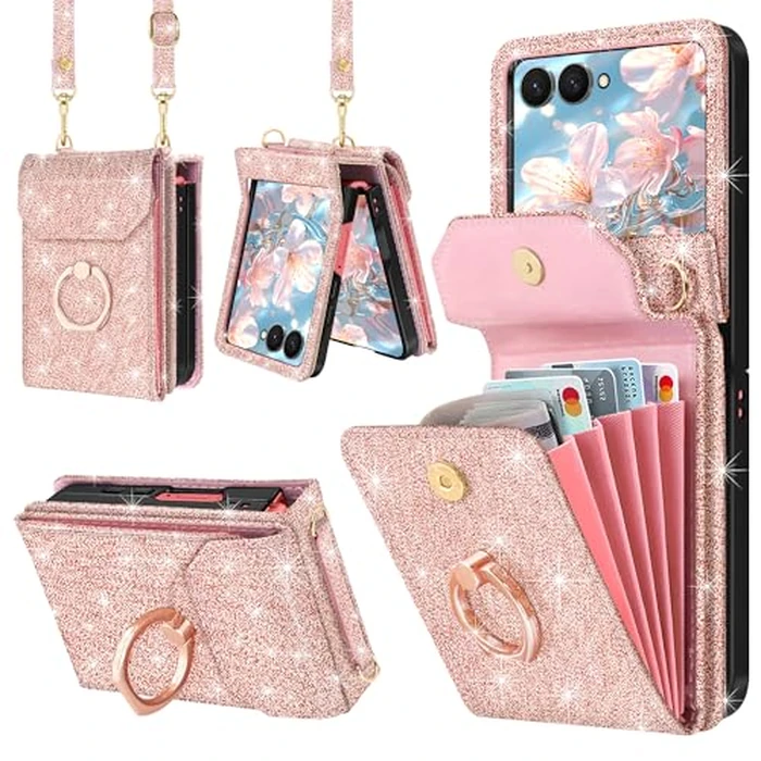 Casewind for Samsung Galaxy Z Flip 7 Case Wallet with 5 Card Holder,Glitter PU Leather Crossbody Case with 360 degreesRing Stand & Wrist Strap Women Girls Shockproof Phone Cover for Galaxy Z Flip 7,Rose Gold by Casewind - Used - Acceptable condition