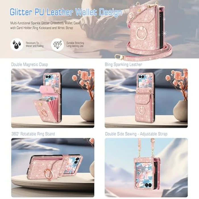 Casewind for Samsung Galaxy Z Flip 7 Case Wallet with 5 Card Holder,Glitter PU Leather Crossbody Case with 360 degreesRing Stand & Wrist Strap Women Girls Shockproof Phone Cover for Galaxy Z Flip 7,Rose Gold by Casewind - Image 2