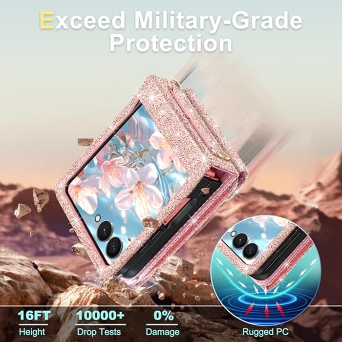 Casewind for Samsung Galaxy Z Flip 7 Case Wallet with 5 Card Holder,Glitter PU Leather Crossbody Case with 360 degreesRing Stand & Wrist Strap Women Girls Shockproof Phone Cover for Galaxy Z Flip 7,Rose Gold by Casewind - Image 3
