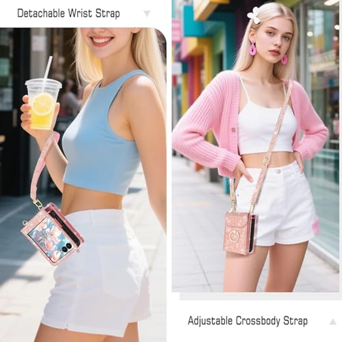 Casewind for Samsung Galaxy Z Flip 7 Case Wallet with 5 Card Holder,Glitter PU Leather Crossbody Case with 360 degreesRing Stand & Wrist Strap Women Girls Shockproof Phone Cover for Galaxy Z Flip 7,Rose Gold by Casewind - Image 4