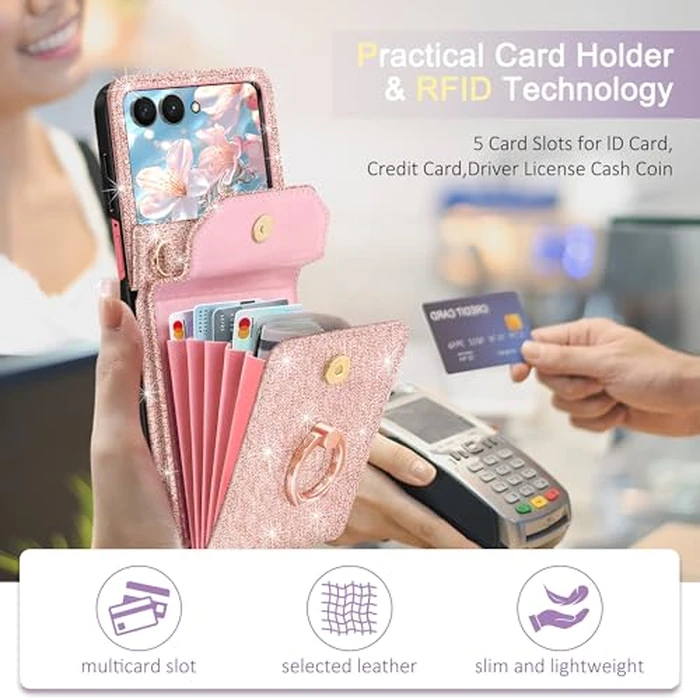 Casewind for Samsung Galaxy Z Flip 7 Case Wallet with 5 Card Holder,Glitter PU Leather Crossbody Case with 360 degreesRing Stand & Wrist Strap Women Girls Shockproof Phone Cover for Galaxy Z Flip 7,Rose Gold by Casewind - Image 5