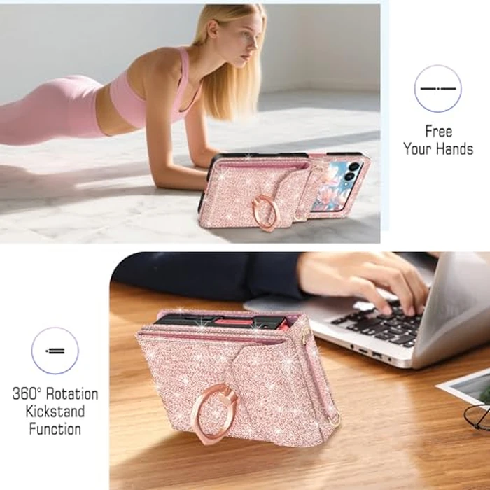 Casewind for Samsung Galaxy Z Flip 7 Case Wallet with 5 Card Holder,Glitter PU Leather Crossbody Case with 360 degreesRing Stand & Wrist Strap Women Girls Shockproof Phone Cover for Galaxy Z Flip 7,Rose Gold by Casewind - Image 6