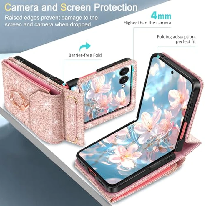 Casewind for Samsung Galaxy Z Flip 7 Case Wallet with 5 Card Holder,Glitter PU Leather Crossbody Case with 360 degreesRing Stand & Wrist Strap Women Girls Shockproof Phone Cover for Galaxy Z Flip 7,Rose Gold by Casewind - Image 7
