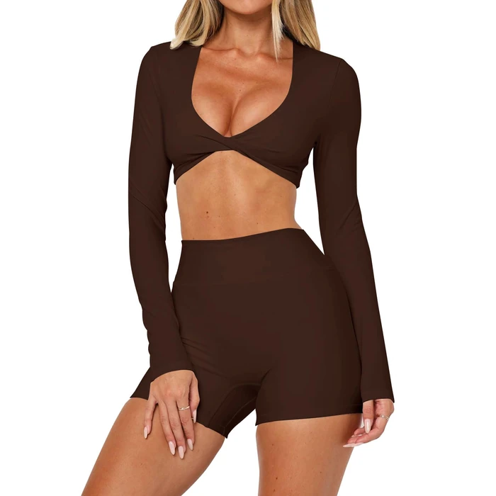 INFITTY Women's Sexy Workout Yoga Crop Tops Twist Deep V Neck Long Sleeve Basic Casual T Shirt 2026 Fall Coffee M by INFITTY - Used - Acceptable condition