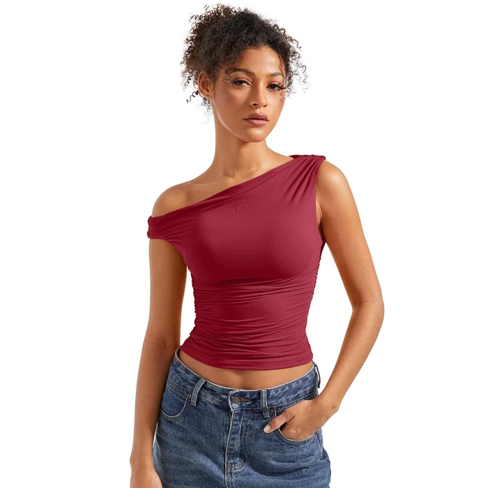 SUUKSESS Women Off Shoulder Tops Sleeveless Shirts Y2K Trendy Going Out Crop Tank Top (Wine Red,L) by SUUKSESS - Image 1