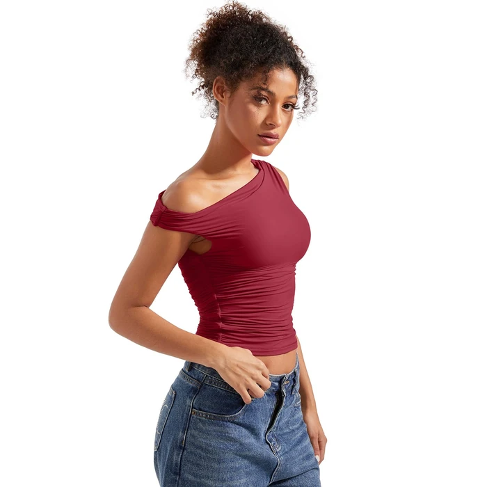 SUUKSESS Women Off Shoulder Tops Sleeveless Shirts Y2K Trendy Going Out Crop Tank Top (Wine Red,L) by SUUKSESS - Image 2