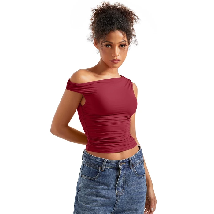 SUUKSESS Women Off Shoulder Tops Sleeveless Shirts Y2K Trendy Going Out Crop Tank Top (Wine Red,L) by SUUKSESS - Image 3