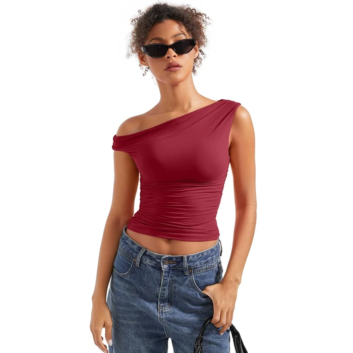 SUUKSESS Women Off Shoulder Tops Sleeveless Shirts Y2K Trendy Going Out Crop Tank Top (Wine Red,L) by SUUKSESS - Image 4