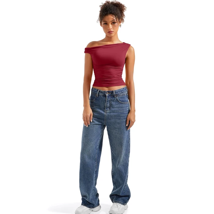 SUUKSESS Women Off Shoulder Tops Sleeveless Shirts Y2K Trendy Going Out Crop Tank Top (Wine Red,L) by SUUKSESS - Image 5