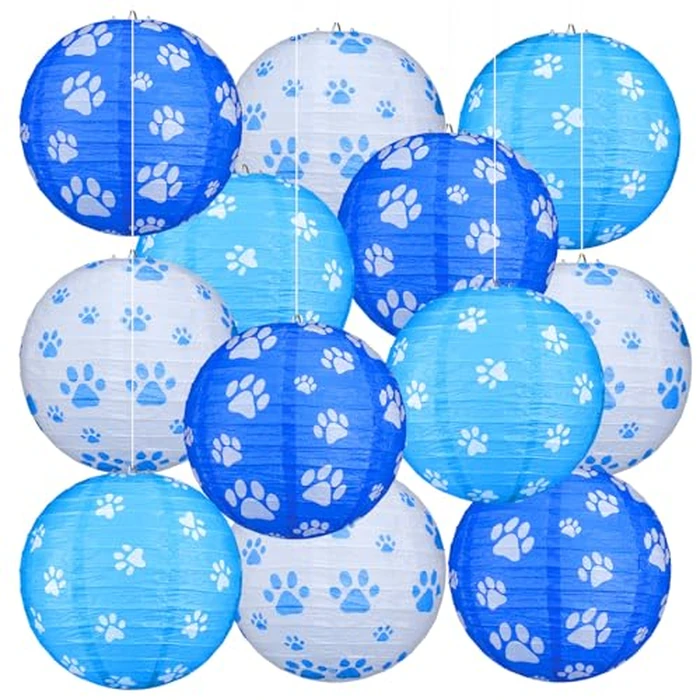 Panelee 12 Pcs Dog Paw Print Paper Lanterns Puppy Themed Party Decorations Blue and White Pet Paw Print Round Hanging Lanterns 8 Inch for Dog Birthday Party Decorations Supplies Indoor Outdoor by Panelee - Image 1