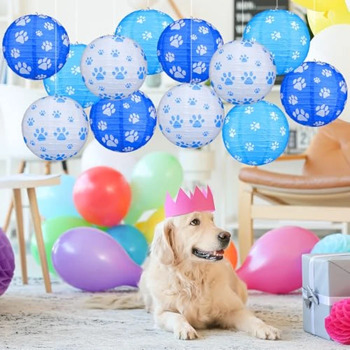 Panelee 12 Pcs Dog Paw Print Paper Lanterns Puppy Themed Party Decorations Blue and White Pet Paw Print Round Hanging Lanterns 8 Inch for Dog Birthday Party Decorations Supplies Indoor Outdoor by Panelee - Image 4