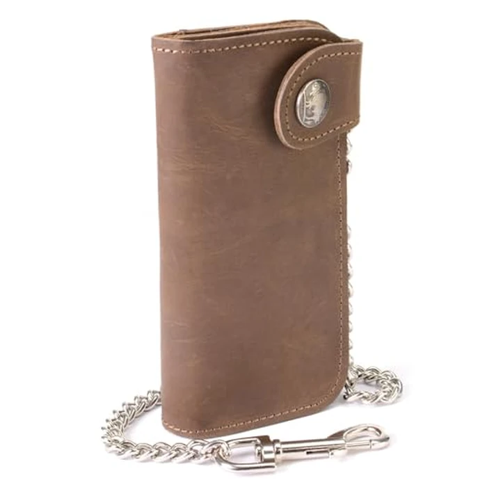 Milwaukee Leather MLW7829 Men's 7" Brown Leather Bi-Fold Biker Wallet w/Anti-Theft Stainless Steel Chain and Buffalo Nickel Snap - 7 Inch by Milwaukee Leather - Image 1