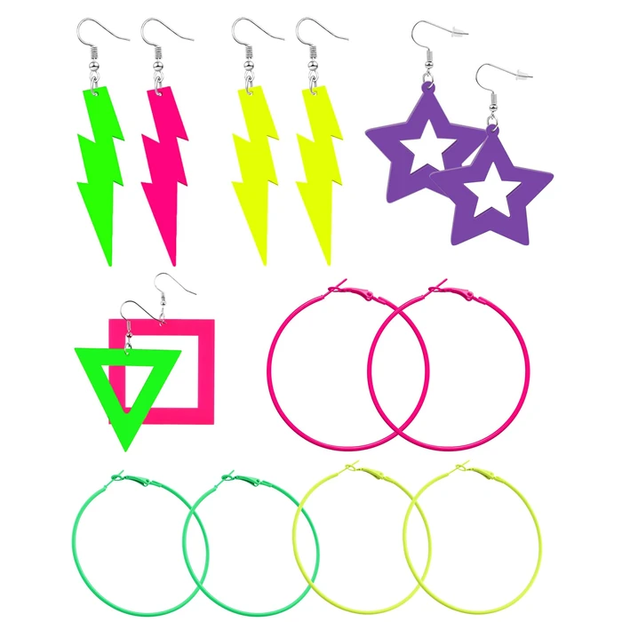 Quafochi 7 Pairs 80s 90s Neon Earrings for Women, Lightweight Colorful Acrylic Statement Earrings, Big Hoop Designs, Comfortable for Retro Outfits, Glow Parties & Music Festivals by Quafochi - Image 1
