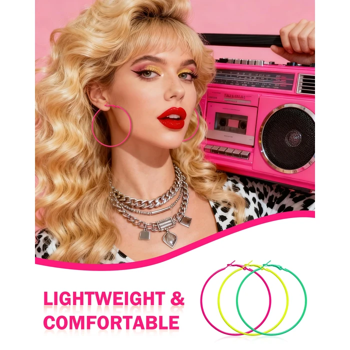 Quafochi 7 Pairs 80s 90s Neon Earrings for Women, Lightweight Colorful Acrylic Statement Earrings, Big Hoop Designs, Comfortable for Retro Outfits, Glow Parties & Music Festivals by Quafochi - Image 3