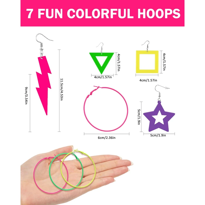 Quafochi 7 Pairs 80s 90s Neon Earrings for Women, Lightweight Colorful Acrylic Statement Earrings, Big Hoop Designs, Comfortable for Retro Outfits, Glow Parties & Music Festivals by Quafochi - Image 6