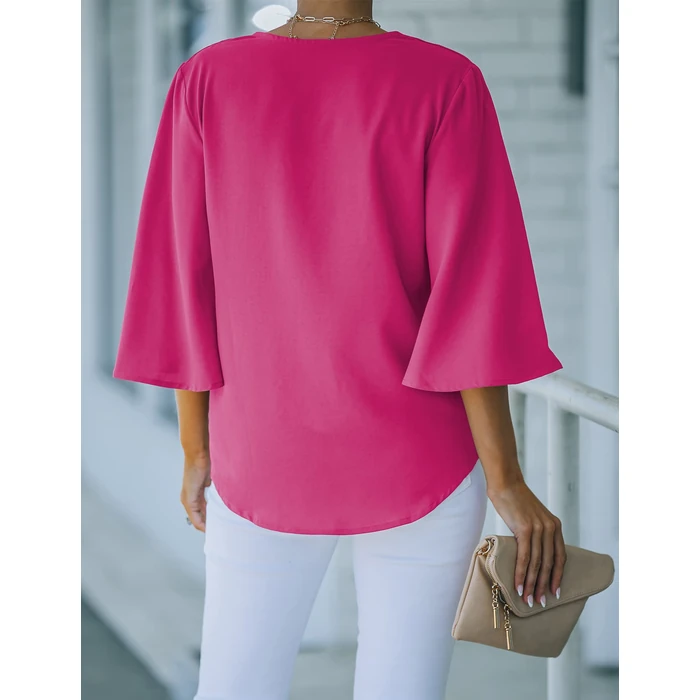 luvamia Women's Casual V Neck Tops 3/4 Sleeve Tie Knot Blouses Viva Magenta Ladies Tops 3/4 Sleeve Fancy Tops for Women Woman's Tops Hot Pink Size Small Fits Size 4 / Size 6 by luvamia - Image 7