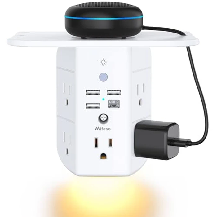 Wall Outlet Extender with Shelf and Night Light, Surge Protector, Wall Mount Charger Multi Plug Expander with 5 AC Outlets and 3 USB A Ports 1 USB C, Wide Space 3-Sided Power Strip Multi Plug Outlets by Mifaso - Used - Good condition