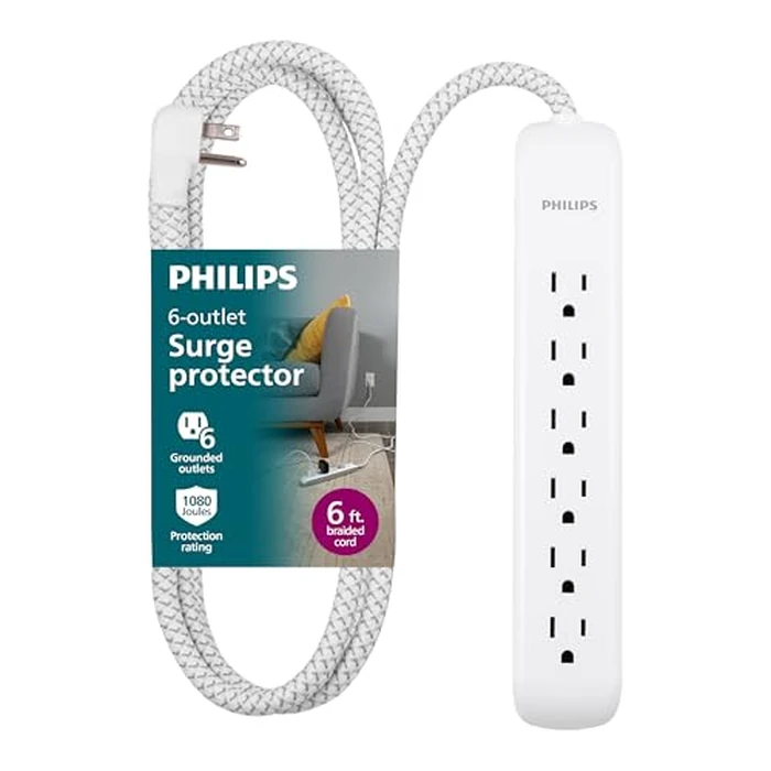 Philips 6 Outlet Power Strip Surge Protector, 6 Ft Power Cord, Designer Braided Extension Cord, Flat Plug, Perfect for Office or Home Décor, 1080 Joules, White, SPC3054WA/37 by Philips - Used - Like New condition - US$12.08