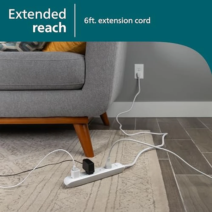 Philips 6 Outlet Power Strip Surge Protector, 6 Ft Power Cord, Designer Braided Extension Cord, Flat Plug, Perfect for Office or Home Décor, 1080 Joules, White, SPC3054WA/37 by Philips - Image 4