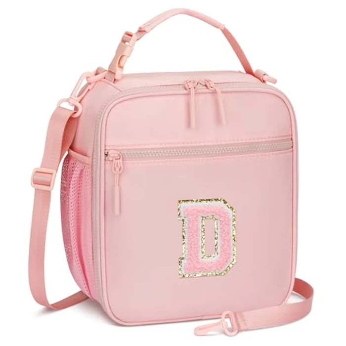 CLOUDWINGS Initial Insulated Lunch Bag for Girls Kids, Back to School Gift, Reusable Leak-proof Lunch Box with Adjustable Strap for School Daycare Travel Picnic (Pink,D) by CLOUDWINGS - Image 1